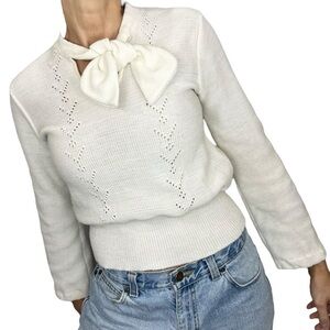 Vintage 60s 70s Young Canada ivory cropped tie neck bow cropped sweater